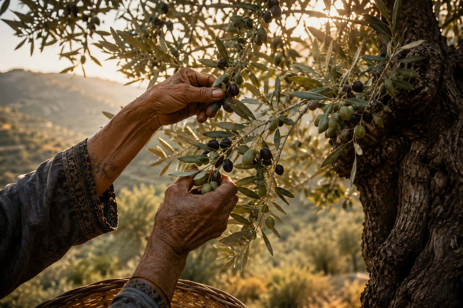 أيدٍ جزائرية تقطف الزيتون من شجرة عتيقة عند الغروب